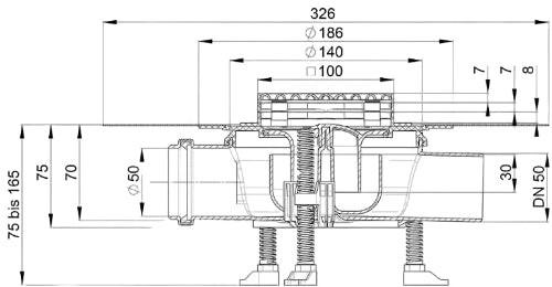 DRAIN PLUS Badablauf DN 50 waagerecht flach, mit Zulauf.