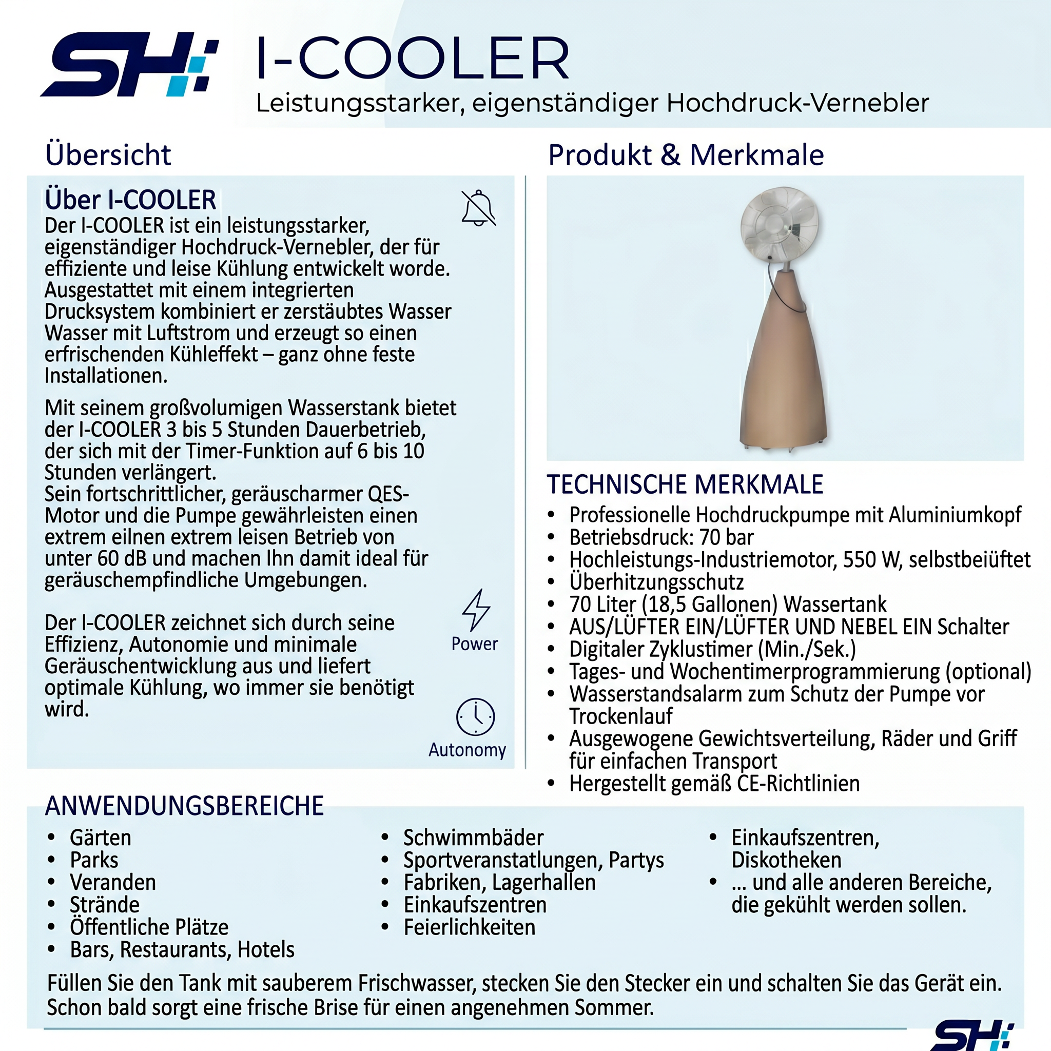 Mobiler Hochdruck Sprühnebelbefeuchter I-Cooler Laufzeit 5-10 Stunden